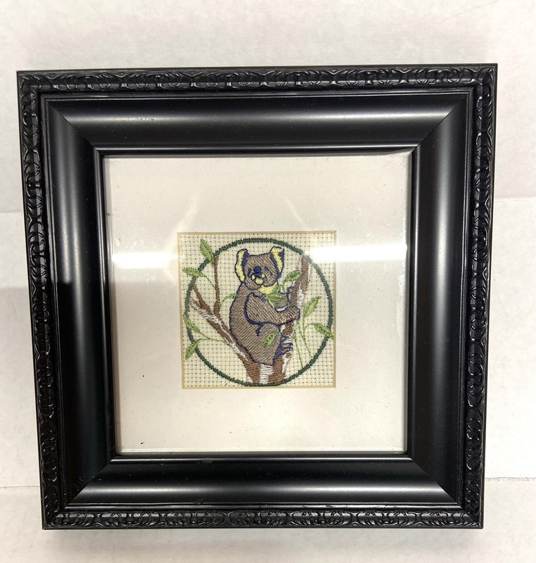 Vintage embroidered picture of a Koala Bear in tree- framed