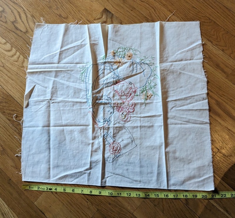 Vintage Homemade Hand Embroidered Girl in a Hat Playing with a Doll gallery