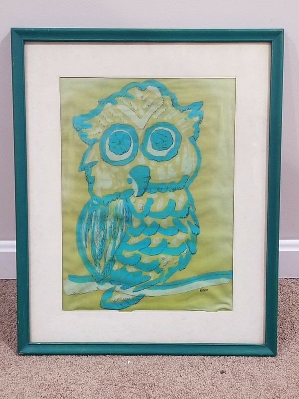VTG Art Fabric Batik OWL TREE CLOTH 11X15 FRAMED wall art signed KATHIE MCM