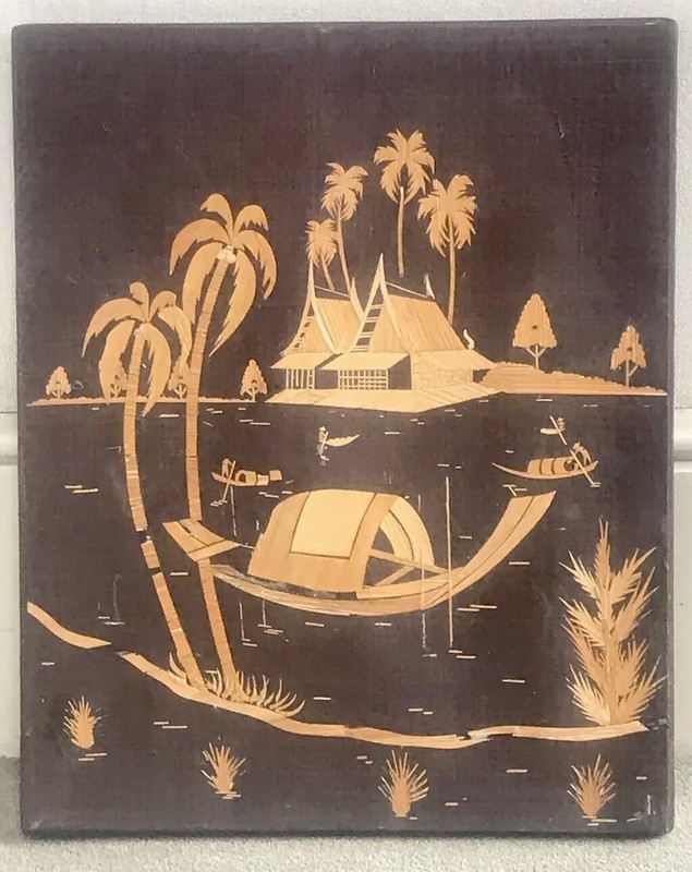 Southeast Asian Vintage Bamboo Scenic Scene on Fabric Art