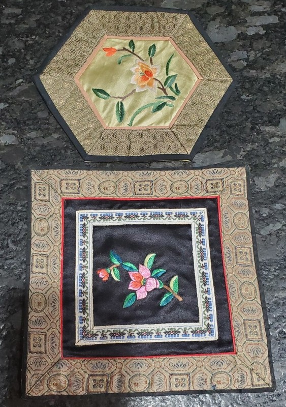 2 Asian Chinese Silk Rayon Embroidered Tapestry Art Square Flower Hexagon Mat