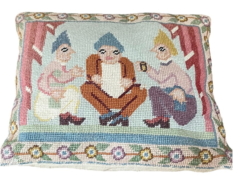 Atq Early 20th Century Petit Needle Pointe Folk Art Pillow Three Men Sitting