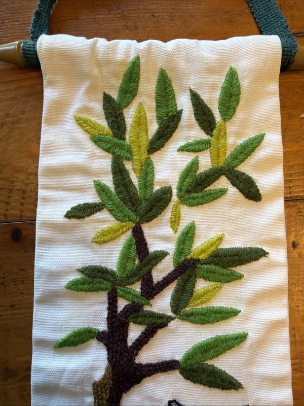 Vintage 70s Mushroom Owl Crewel Bamboo Tree Wall Hanging Embroidery Unique 36x5” gallery