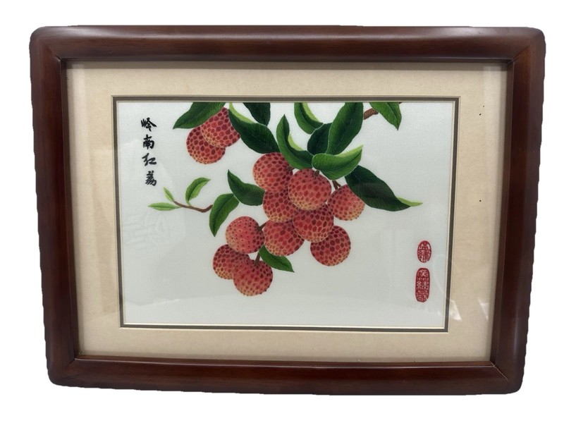 Vintage Yue (Cantonese) Silk Embroidery Lychee Fruit Framed Art 15×11”