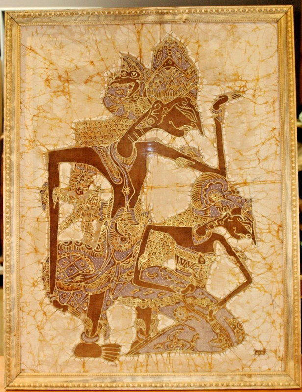 Vintage Batik Fabric Painting of Wayang Kulit Framed – No Glass 36.75″x28.25″