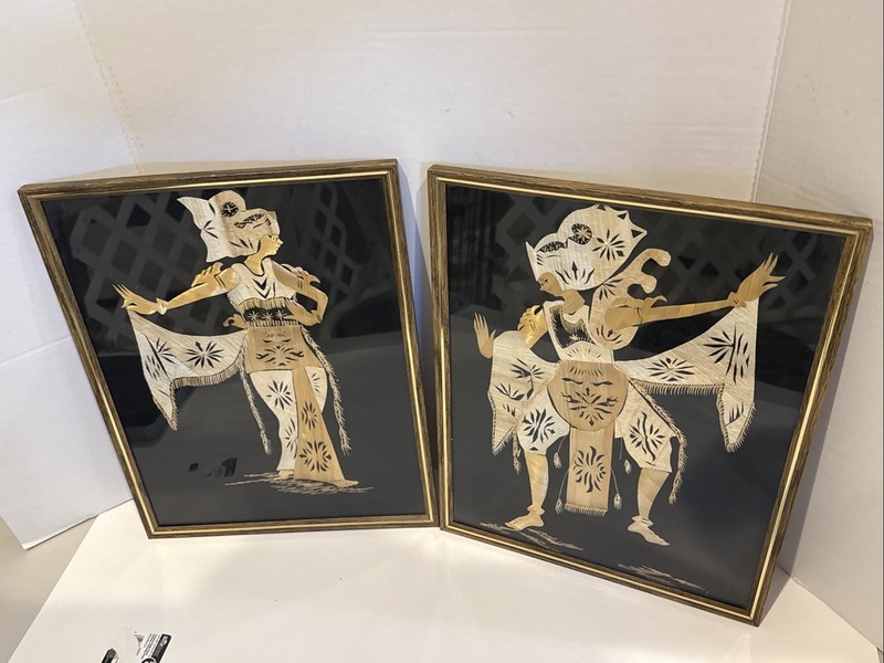 Vtg Hand-Crafted ASIAN RICE STRAW ART Bamboo Framed Male Female Dancer Lot of 2