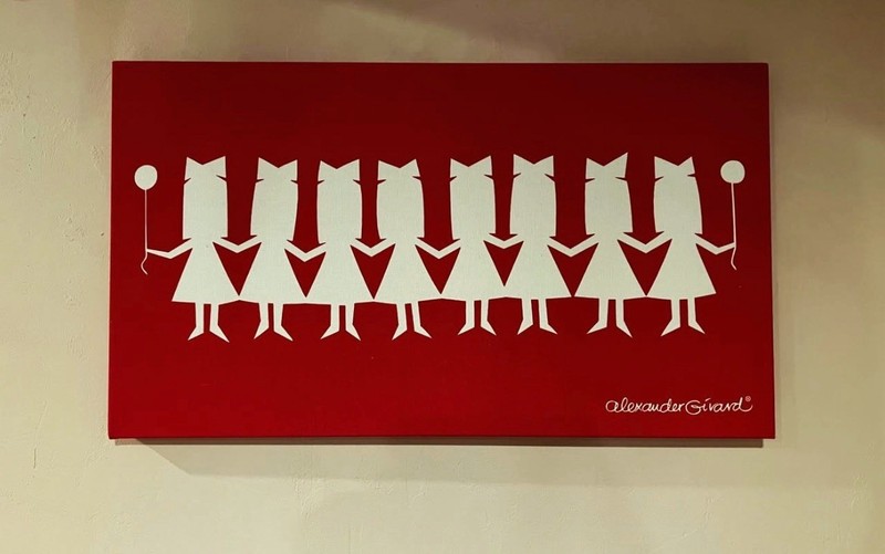 Alexander Girard Paper Dolls Framed Textile Panel 16×28 Red Silkscreened 1990s