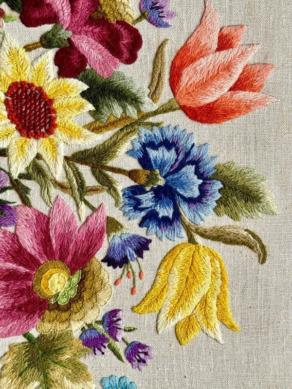 American Crewel-Work Floral Bouquet Embroidery Large Framed Panel Picture. gallery