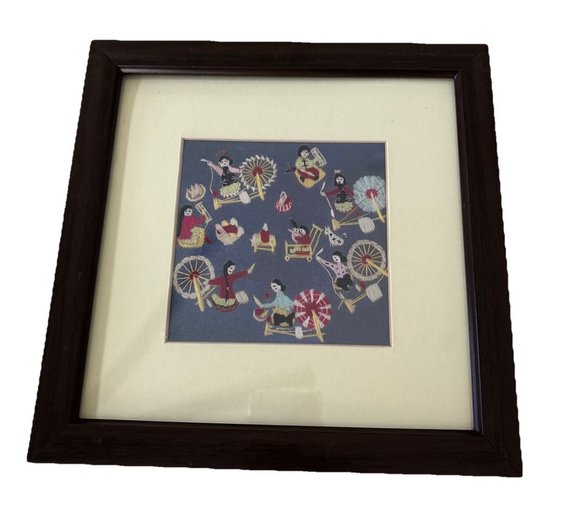 Original Handmade Embroidery Textile Silk Asian Woman At Work Matted Framed Read
