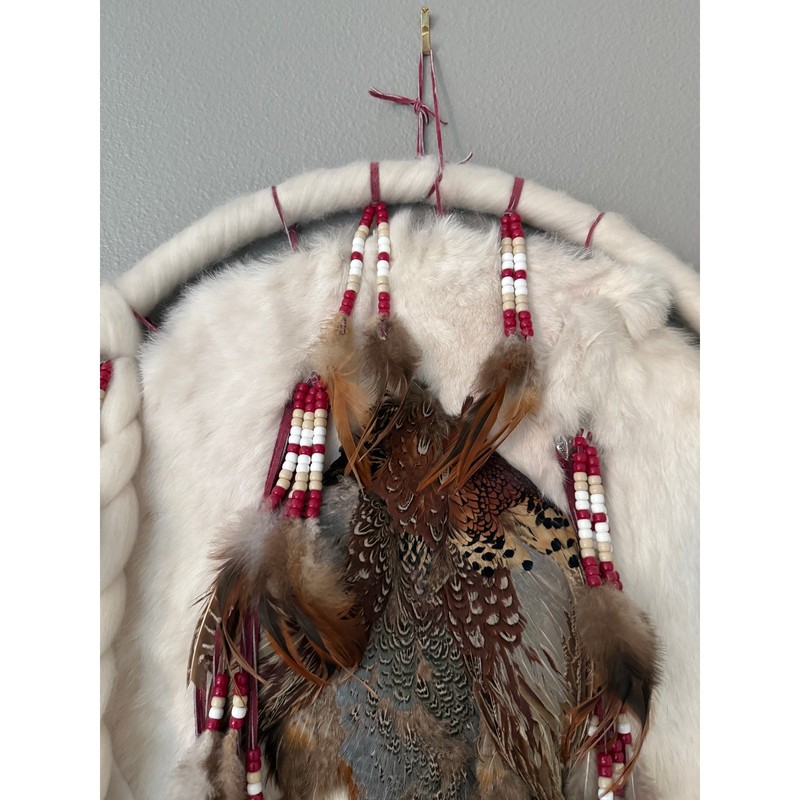 Vtg Signed Navajo Mandala Wall Hanging - Large Feather Shield 25x50” gallery