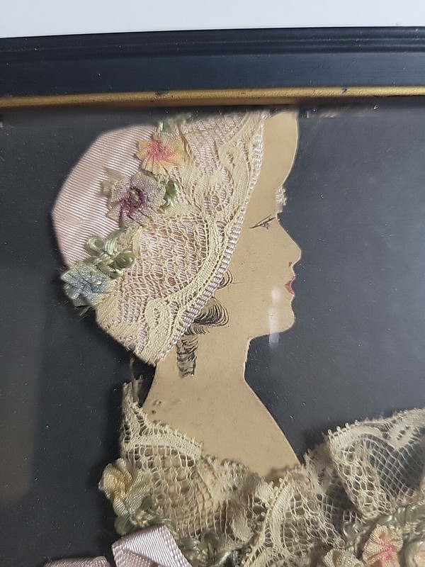 Antique Art Framed Fabric Woman Lady Bonnet Dress Flowers Bouquet Victorian gallery