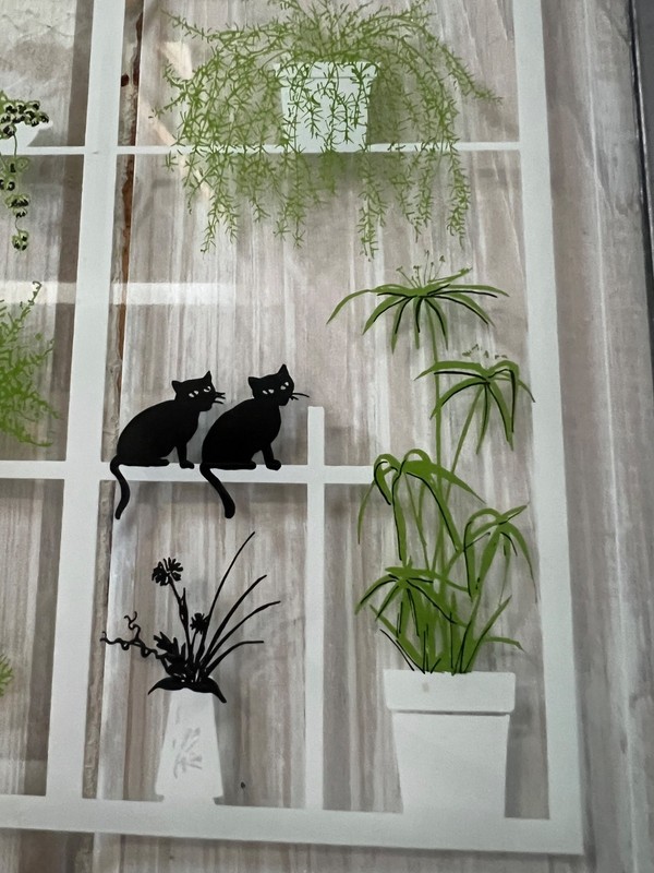 Decorative Art wall hanging framed glass panel w/ potted plants cats & mice 8” gallery