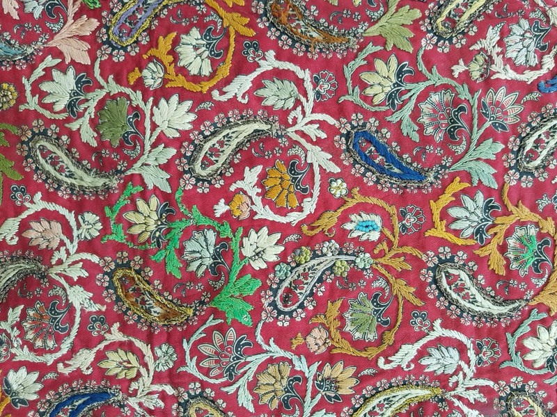 Vintage French Printed Paisley Hand Embroidered Panel 63x53cms gallery