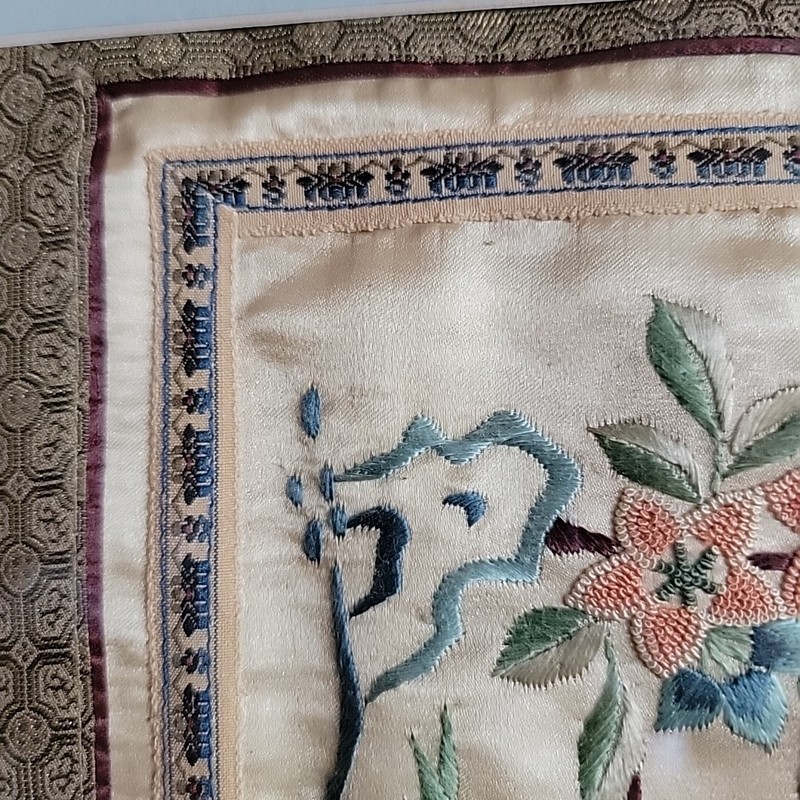 Asian Chinese silk Wall hanging needle point embroidery bird flower framed Vinta gallery