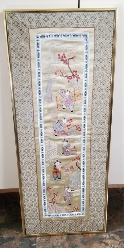 Vintage Asian Silk Embroidered Textile Wall Art Girls With Birds Framed 25″×10″