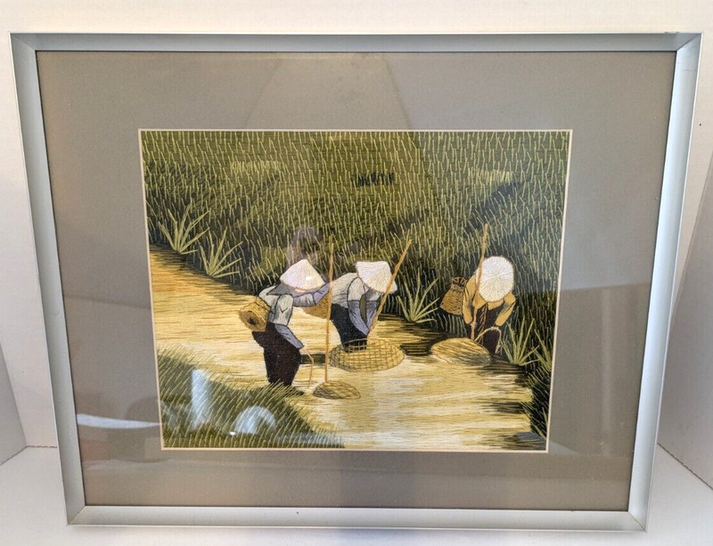 Vintage Vietnamese Silk Embroidery Art Rice Planting Matted & Framed 11" by 14" gallery