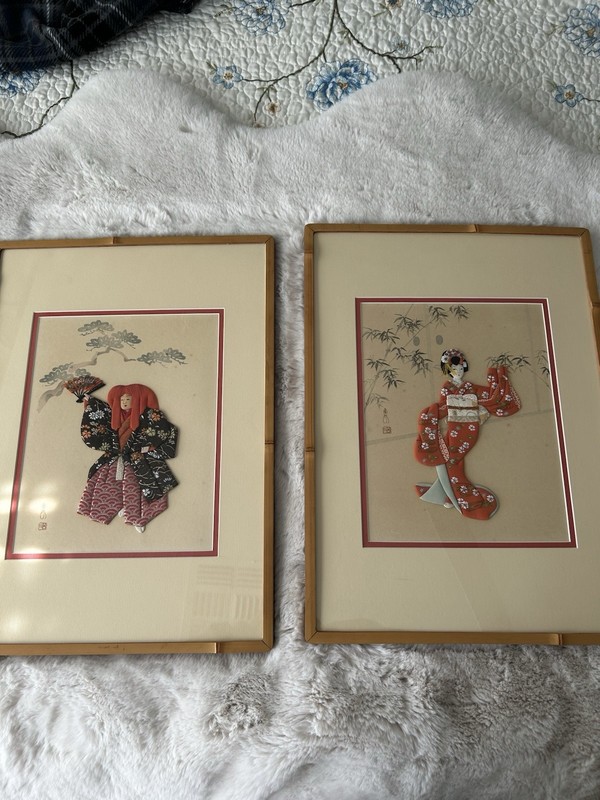 Beautiful Set of Vintage 3D Asian Women And Renjishi Red Silk Art 14.5”x 20”