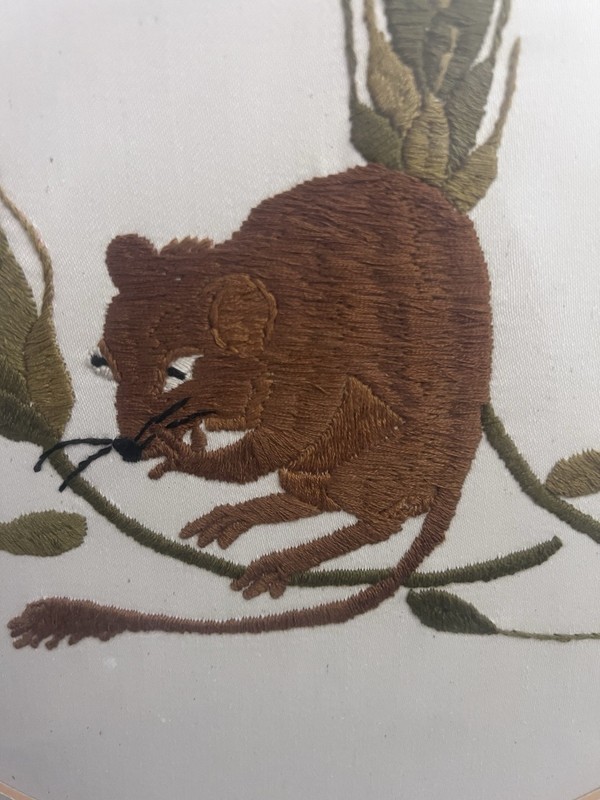 Handmade Framed Embroidery of Mouse & Wheat – Signed MF – 17x17 gallery