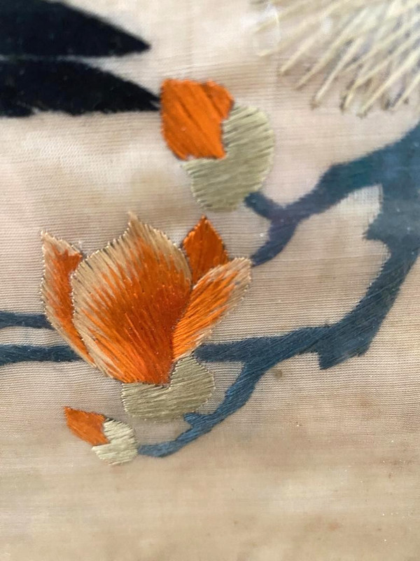17 x 25 Vtg Chinese Silk Framed Embroidery depicting peacocks and pine trees gallery