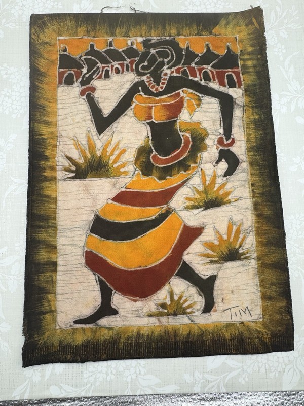 African Batik Art Cloth Painting Signed Tim Unframed 24 1/2” X 10 1/4”