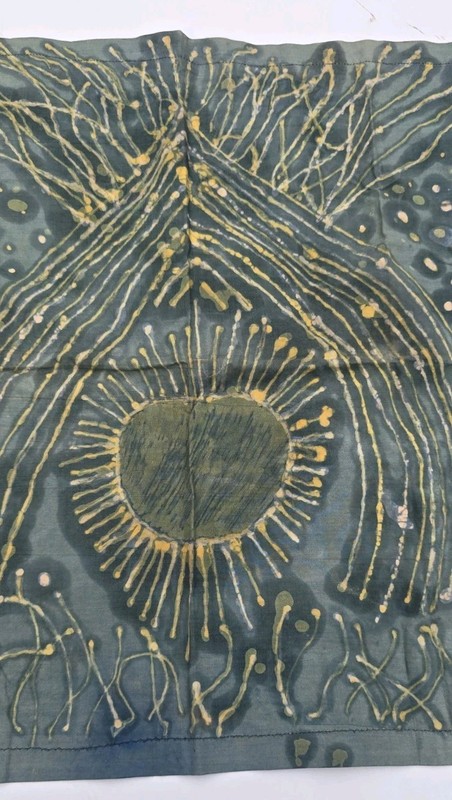 1970s Vintage Hand Dyed Textile Wall Hanging Batik Folk Art Sunburst 17×19 Hippy