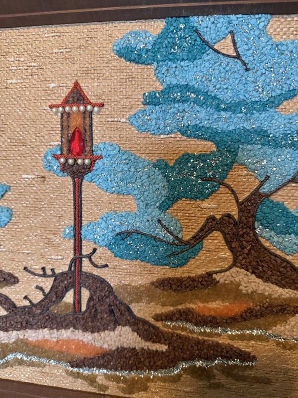 MCM MID-CENTURY MODERN Pebble Gravel Art Asian Landscape on Burlap Pagoda FRAMED gallery