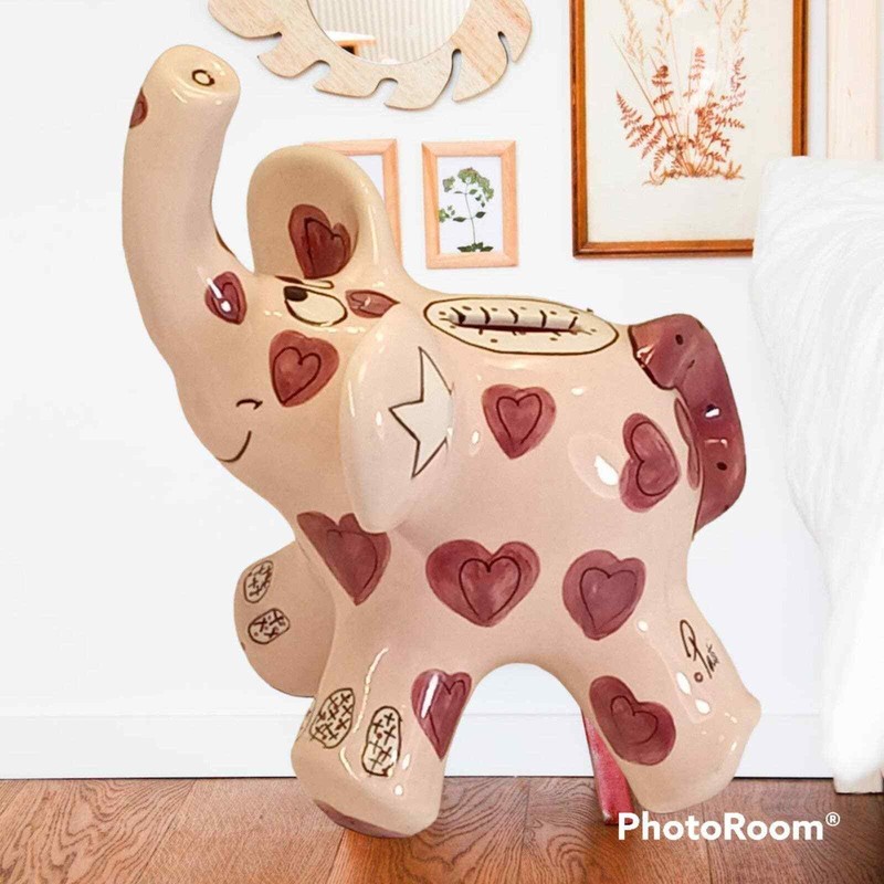 Ganz Ceramic Elephant Coin Piggy Bank Pink Purple Hearts Stars Signed Pati