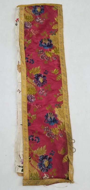 Antique French Silk Brocade Floral Panel with Gold Metallic Lace 111x28cm