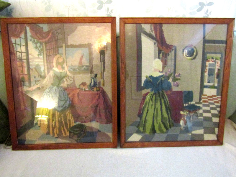 A Pair of Large Antique Framed Woolwork Tapestries – Dutch Girls At Windows