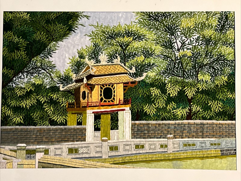 Japanese Silk Embroidered Tapestry Pagoda Scene 15 3/4" x 21 1/2" Artwork gallery