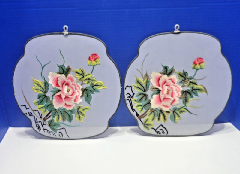 Vintage Asian Silk Embroidery Pink Flower Art Wall Hangings