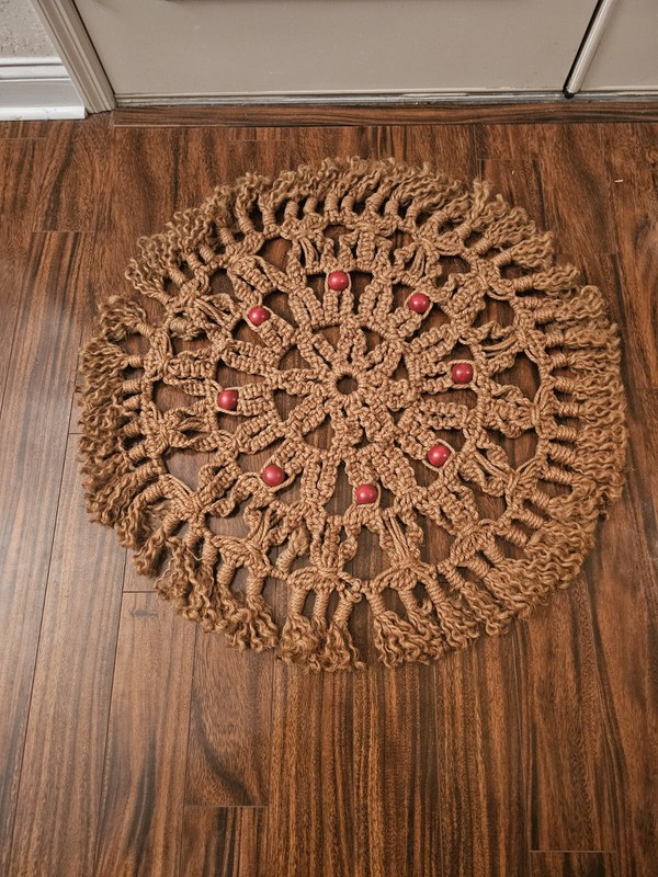Vintage Mid Century Large Woven Wall Hanging W/Red Wooden Beads Accent-35" X 35"