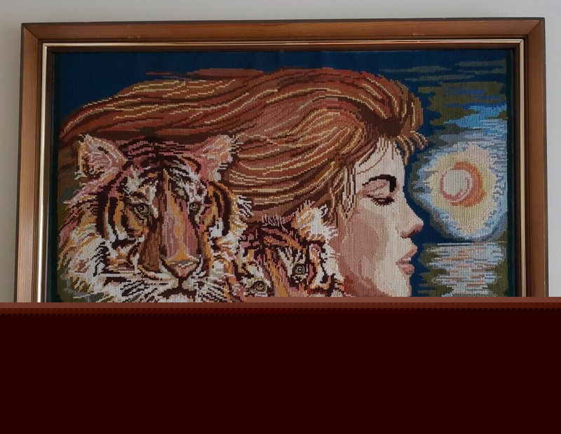 VINTAGE EUROPEAN HAND MADE GIRL WITH TWO TIGERS EMBROIDERY (FRAMED)