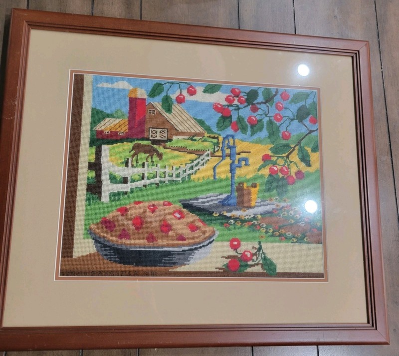 Dimensions 2162 Framed Matted Finished Needlepoint Cherry Pie 1980s Vintage