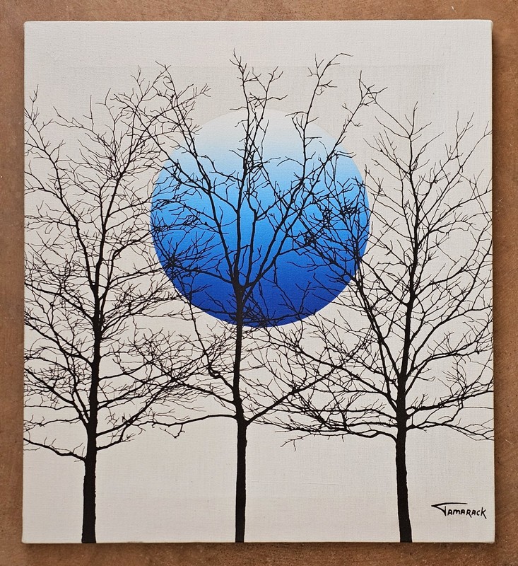 1970s TAMARACK Silk Screen Fabric ART Blue Moon Trees Textile MCM, 18×20″ FRAMED