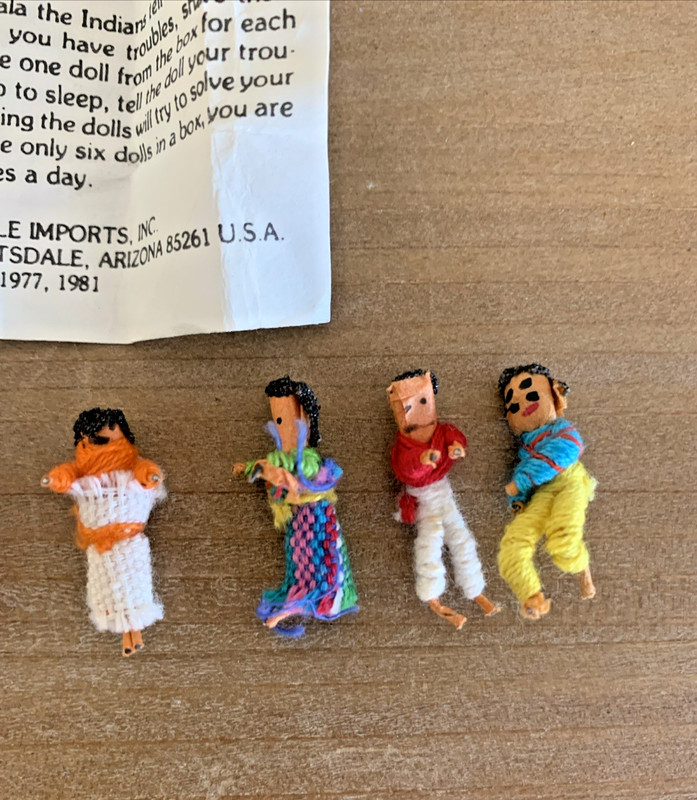 Vintage Lot of 6 Worry Trouble Dolls in Wood Trinket Box Guatemala Folk Art gallery