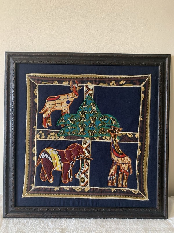 Antique Rare African Art Embroidered Fabric Wall Animals Handmade Custom Framed