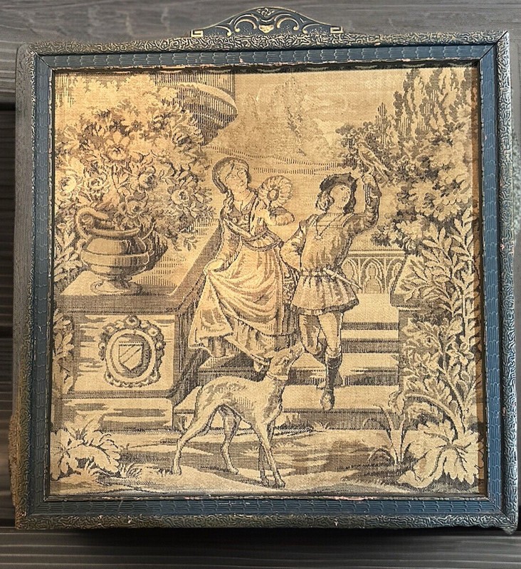 Vintage French Rococo Tapestry Wall Art Courting Couple Dog Scene Ornate Frame