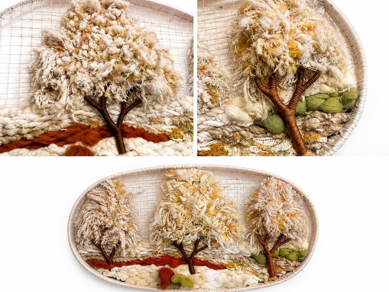 Vtg handmade Fiber art Wall Hanging yarn Tree Landscape oval Textile Bowl Cottag gallery