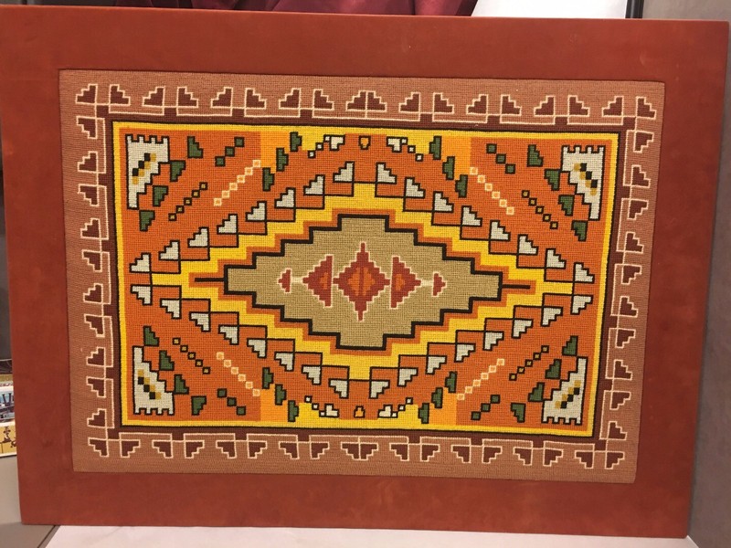 Large Framed Native American Navajo Needlepoint Ready for Hanging Faux Suede