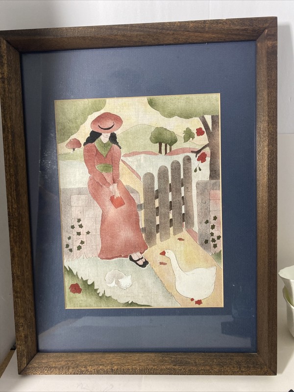 Framed Hand Stenciled Fabric Art by MADONNA FERGUSON Girl Cat Duck