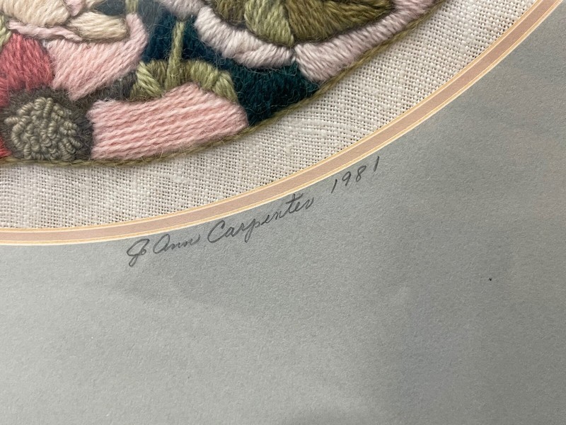 1981 Signed JoAnn Jo Ann Carpenter Framed Embroidery Textile Art Cat in Flowers gallery