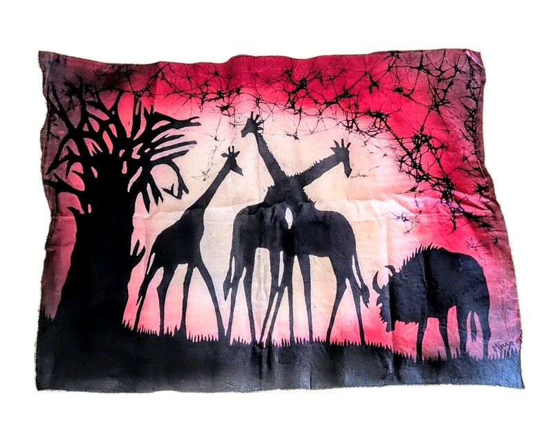Original Batik Tanzanian Giraffe Wildebeest Signed 20×30