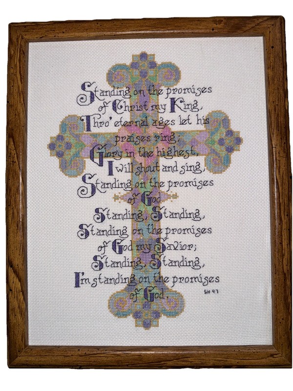 GORGEOUS Vintage Framed Cross Stitch “Standing on the Promises” Ready-to-Hang