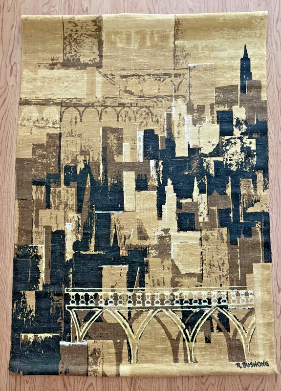 Robert Bushong Tom Tru MCM Linen City Skyline Wall Hanging 40" x 57", EUC