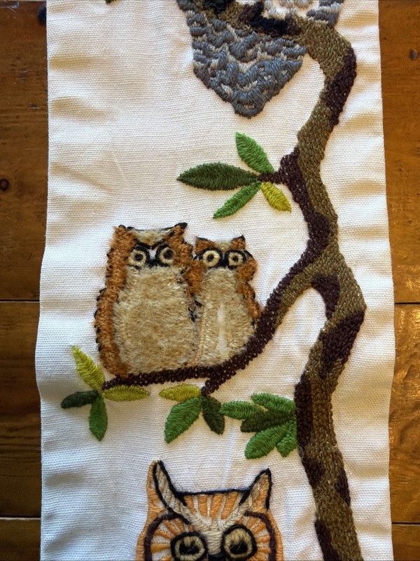 Vintage 70s Mushroom Owl Crewel Bamboo Tree Wall Hanging Embroidery Unique 36x5” gallery