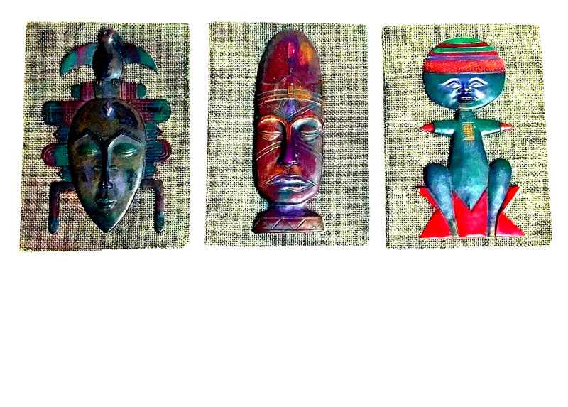 African Mask Embossed Metal Vintage Folk Art Set of 3 Wall Hang 7″ x 4 3/4″