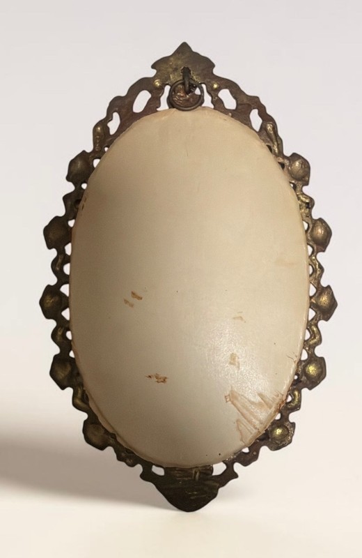 Vintage Oval Silk Wall Plaque Ornate Metal Frame Pastoral Sheep Shepherd Scene gallery