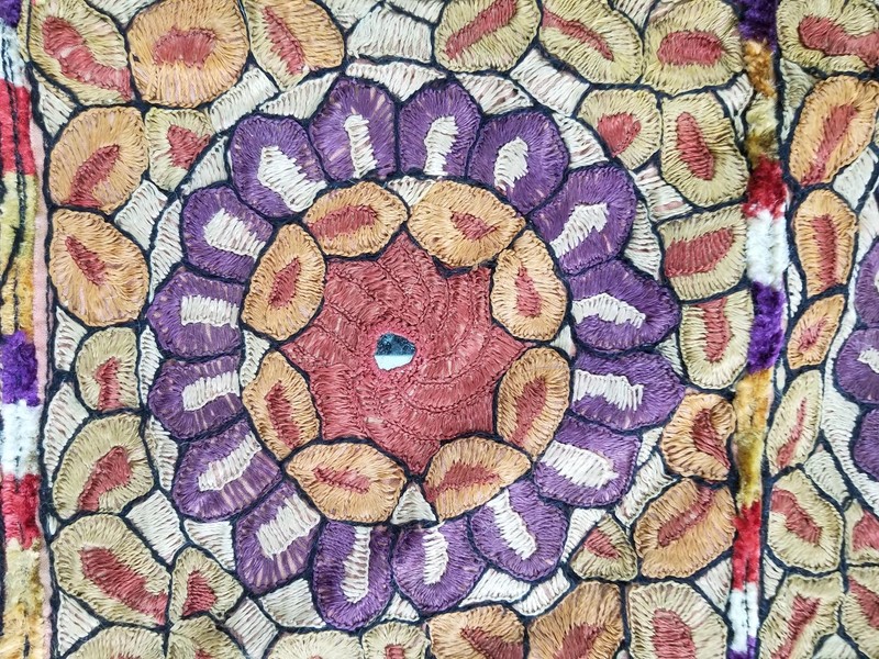Vintage Traditional Indian Mirrorwork Hand Embroidered Textile Panel 34x24 in gallery