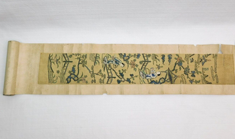 Antique Thai Asian Silk Stitch Tapestry Textile Art Wall Scroll on Paper